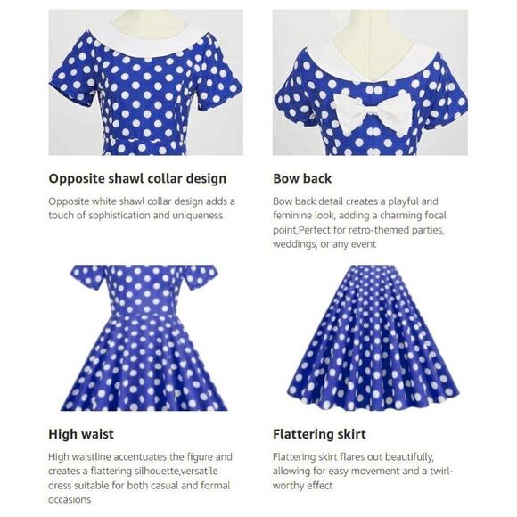 💙 NEW Pinup Retro 1950s Shawl Collar Bow Back Blue Polka Dot Tea Dress SIZE XL - Picture 7 of 16